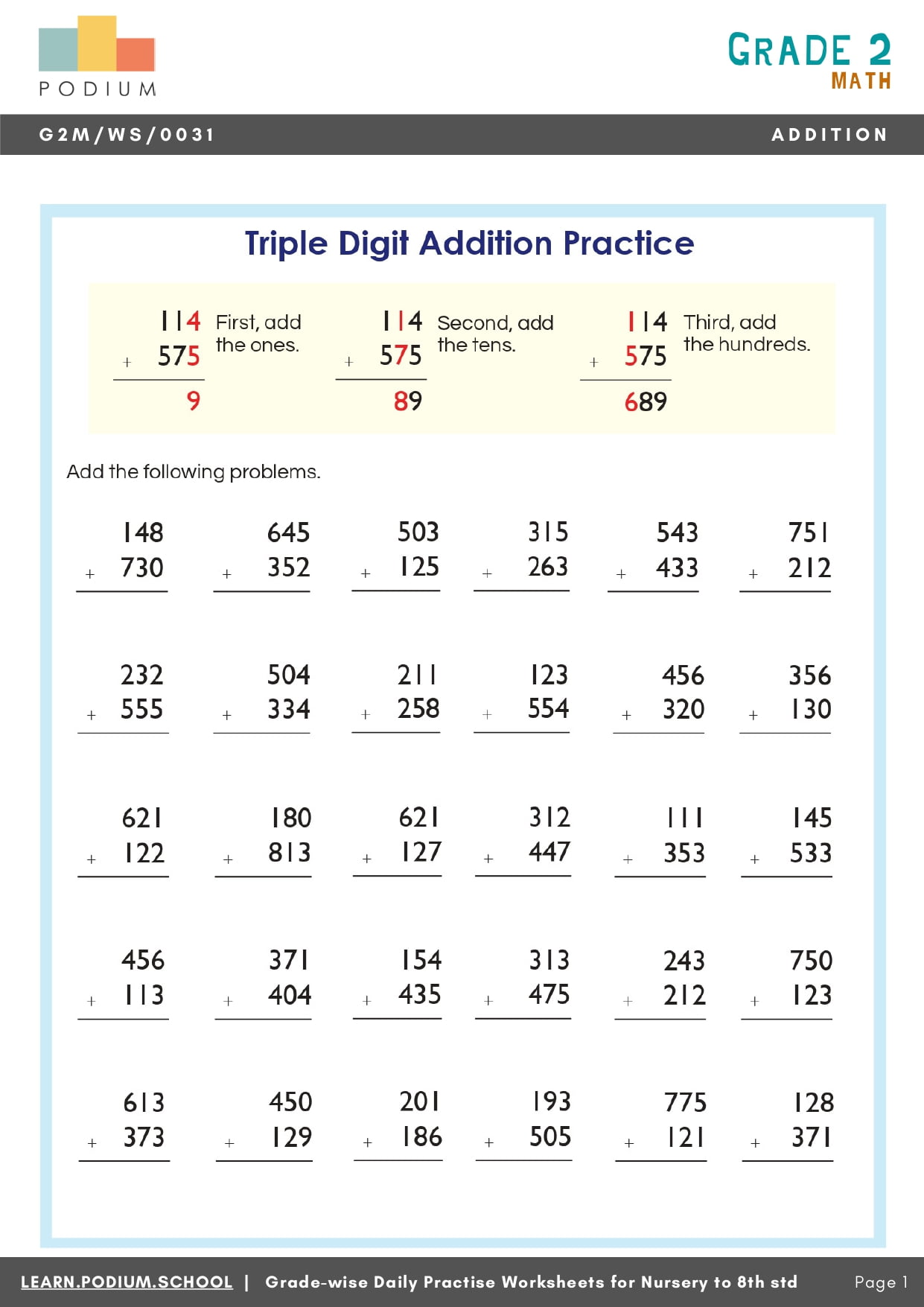 Three-Digit Addition and Regrouping-Multi Digit Addition – Podium PRO